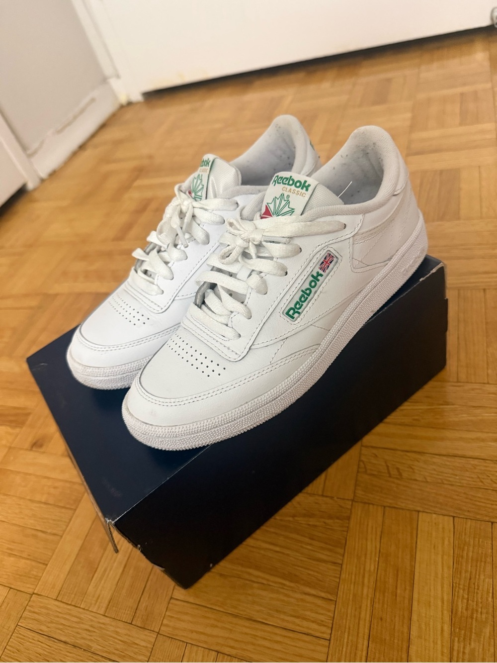 Reebok Kids White Leather Sneakers with Green Accents